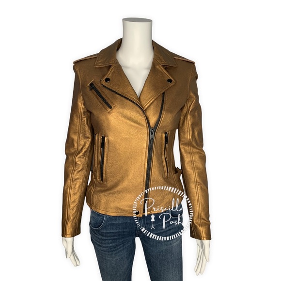 NWT IRO Gold Leather Moto Jacket Fleeced Lined Leather Motorcycle Jacket - Picture 13 of 16